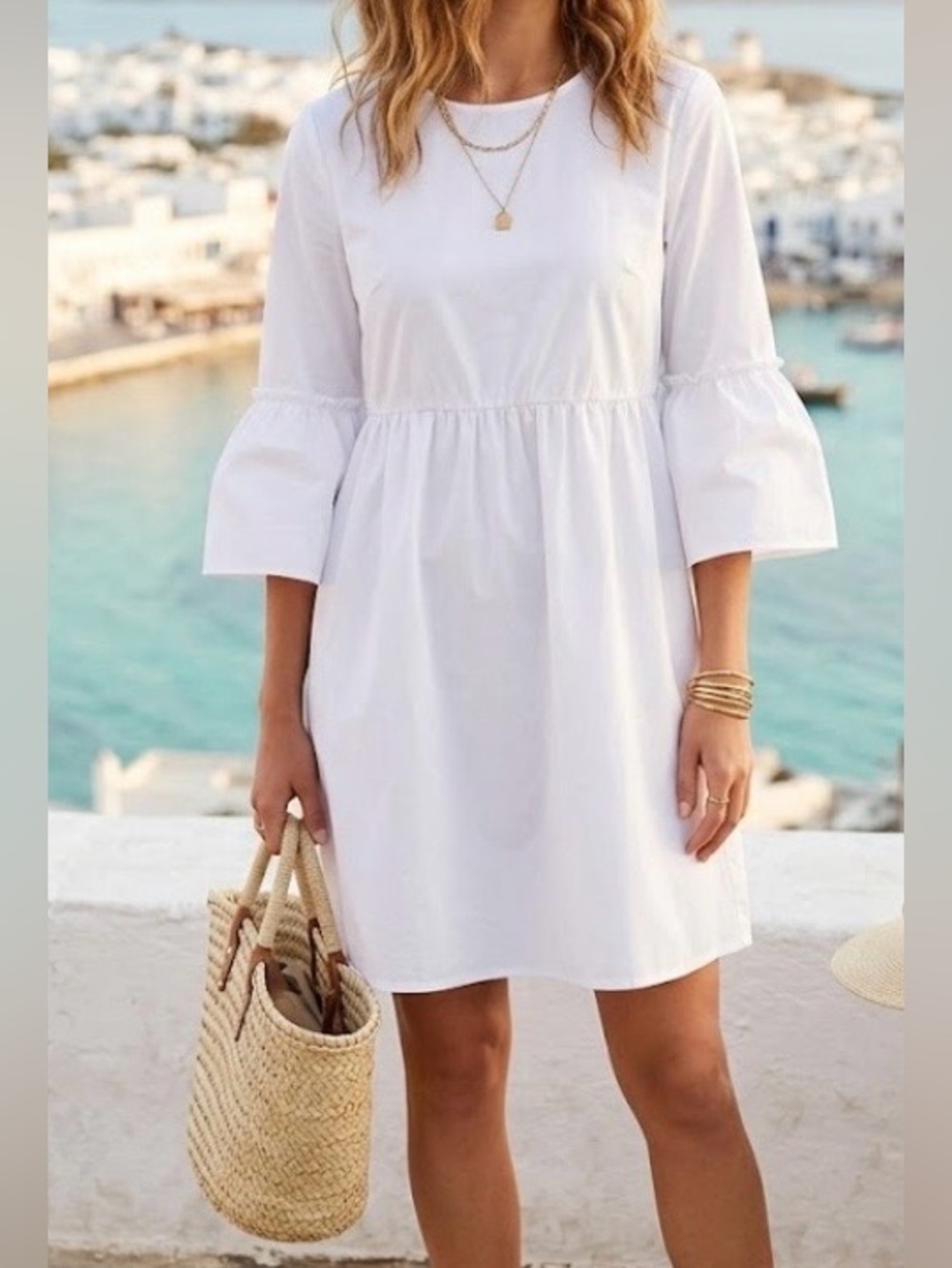 Jovonna London white cotton mini dress 3/4 ruffle sleeve beach coastal small